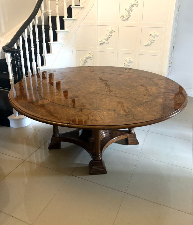Antique Exceptional Quality Burr Walnut Circular Extending Dining Table Seating 10 with Radial Leaves & Matching Burr Walnut Leaf Holder - Image 21